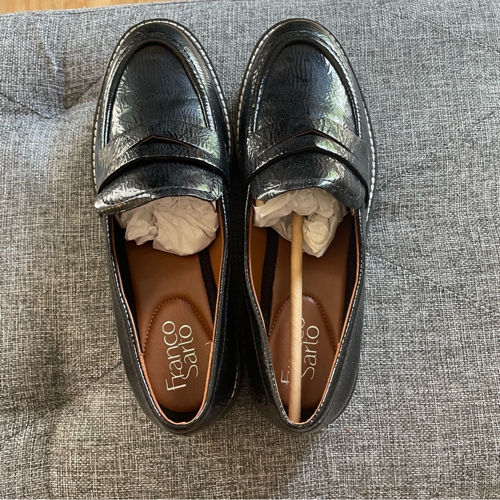 Franco Sarto Black Leather Penny Loafers Timeless Flats Size 7.5 Wide